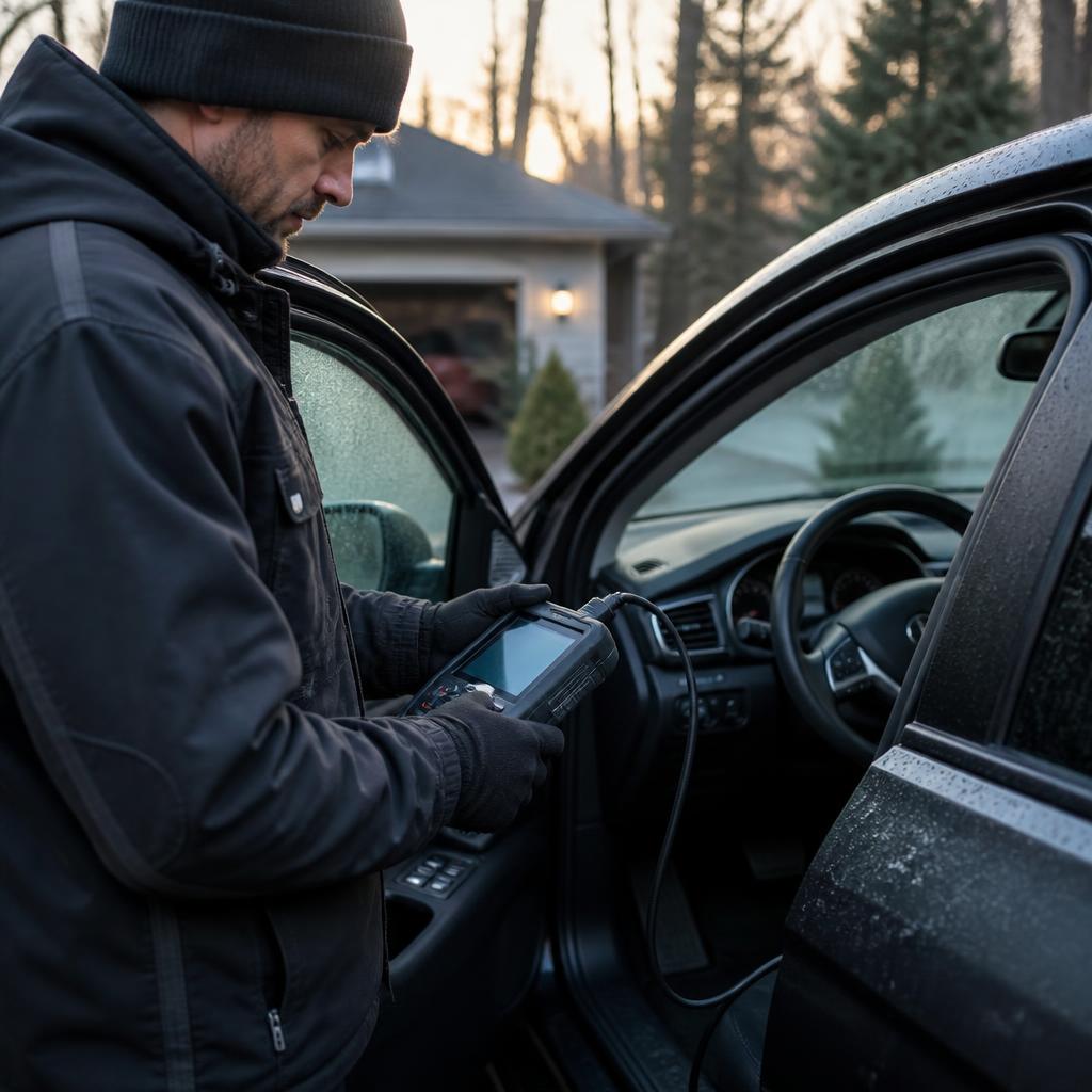 Automotive locksmith using a key programming tool beside a car