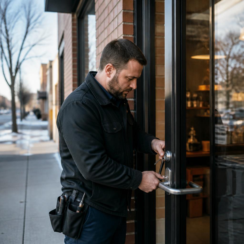 Locksmith adjusting a commercial storefront door lock