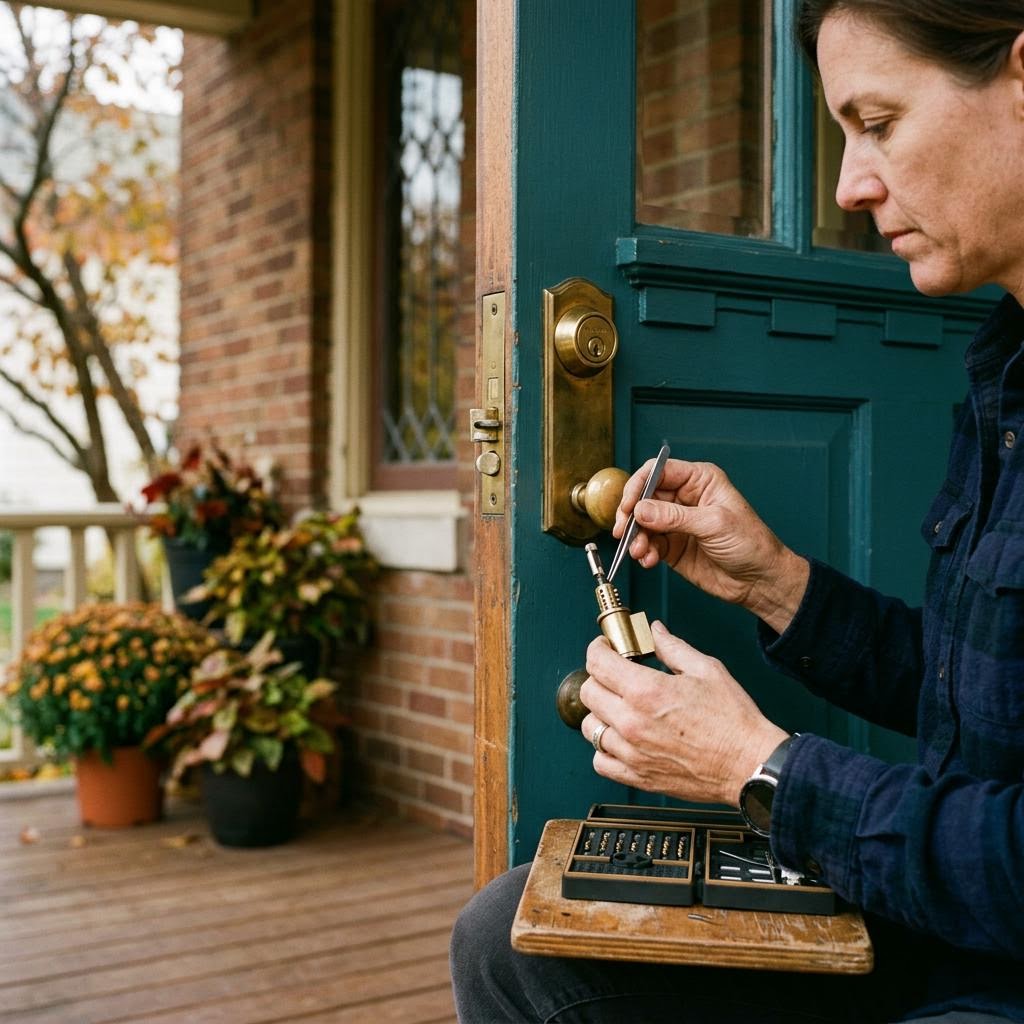 Locksmith fitting a deadbolt to a blue-green home front door